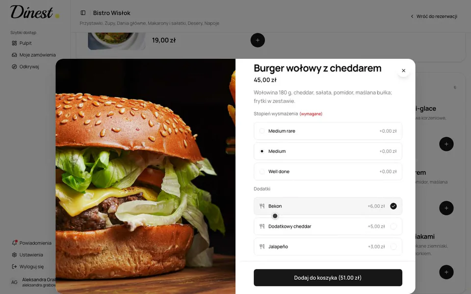 Zrzut ekranu Dinest: zamówienie od gościa do kuchni