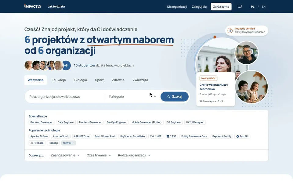 Zrzut ekranu Impactly: rejestracja i drzewko umiejętności